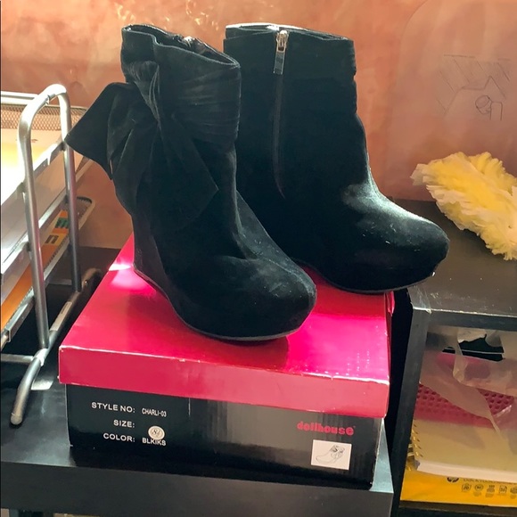 Ankle wedge boots with bow black - Picture 1 of 1